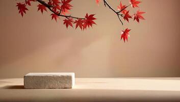 Minimalist autumn scene with red maple leaves photo