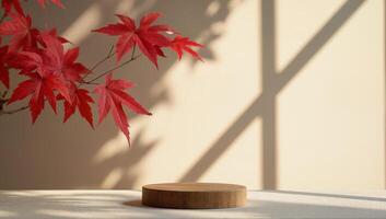 Red Maple Leaves with Wooden Platform in Sunlight photo