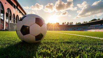 A close view of a soccer ball on a well-manicured field with a stadium in the background during sunset with clouds in the sky photo