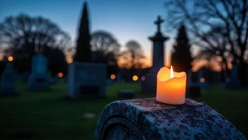 Candle Illuminating a Peaceful Cemetery at Dusk photo