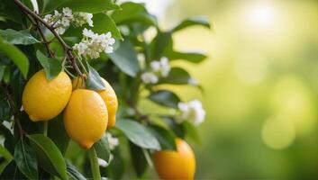 Lemons on Tree with Blossoms in Sunlight photo