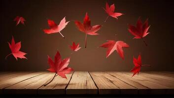Floating Red Maple Leaves on Wooden Surface photo