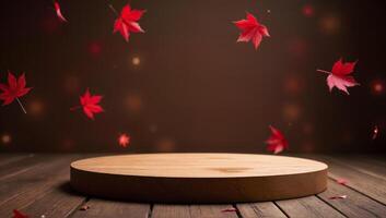 Autumn Leaves Falling on Wooden Platform photo