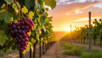 Bunch of Red Grapes Hanging in Vineyard with Sun Setting Over Rows of Vines photo