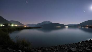 Serene Night Lake with Mountain and Stars photo