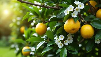 Lemon Tree with Blossoms in Sunlit Garden photo