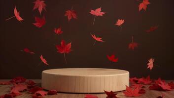 Floating Red Maple Leaves on Wooden Platform photo