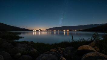 Serene Night Lake with Starry Sky Reflection photo