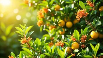 Sunlit Orange Tree with Blossoms and Fruit photo