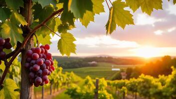 Vineyard at Sunset with Grapes and Green Leaves in Foreground Surrounded by Rows of Vines Under a Colorful Sky photo