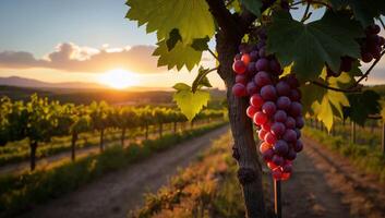 Grapes Hanging from a Vine at Sunset Over Vineyard with Rolling Hills in the Background photo
