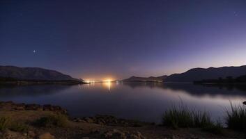 Serene Night Landscape with Reflective Lake View photo