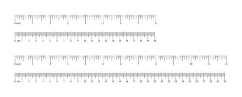Inch and metric rulers set. Measuring tool template. Scale for ruler in centimeters, inches. Metrics indicator 20, 30 cm, 8, 12 inch. Inches, centimeters measuring scales. Measuring scales icon. vector