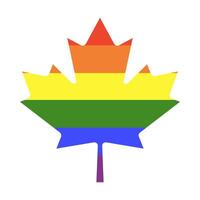 Rainbow flag. Canada maple leaf. Gay pride backdrop. Progress Logo trendy symbol. LGBT icon. Sticker in rainbow colors. maple lgbt leaf button, badge, background, mockup. Minimalist template design. vector
