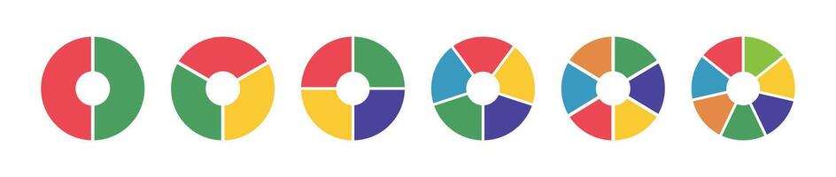 Donut charts, pies segmented on from 2 to 7 equal parts. Diagrams infographic multicoloured set. Circle section graphs. Wheels divided in sections. Pizza chart round icons layout. Loading bar mockups. vector