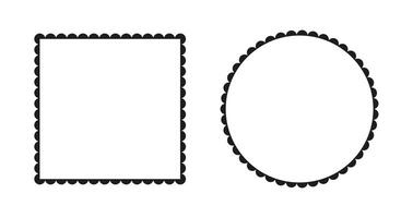 Scalloped frame mockups. Scalloped edge square, circle shapes. Label forms. Silhouette lace minimal black frames. Abstract elements for tag, stickers, backdrops. vector