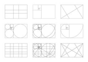 Set of Golden ratio minimal. Fibonacci array, numbers shapes. Harmony proportions frames template. Method golden section mockups collection. Harmony proportions grids. Outline graphic illustration. vector
