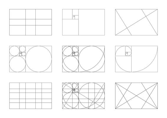 Set of Golden ratio minimal. Fibonacci array, numbers shapes. Harmony proportions frames template. Method golden section mockups collection. Harmony proportions grids. Outline graphic illustration.