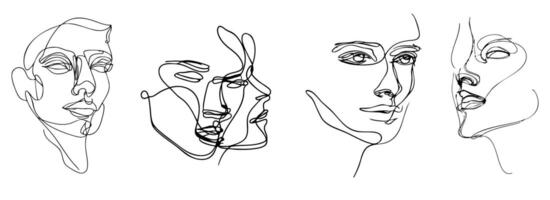 Elegant minimalist line art portrays distinct face profiles on white canvas vector