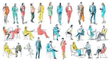 Diverse Business Professionals in Colorful Sketch Style Illustrations for Design vector