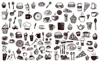 Hand drawn sketch of diverse food and beverage items arranged on a white background vector