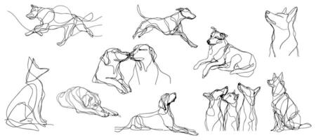 Elegant continuous line art showcasing various dog poses and interactions vector