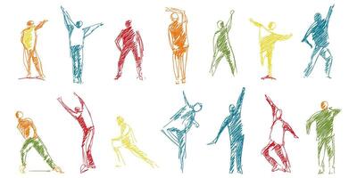 Dynamic stick figures displaying diverse poses and dance movements sketched with vibrant hues vector