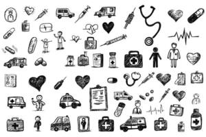 Health and medical doodles collection featuring hand drawn sketches of medical equipment vector