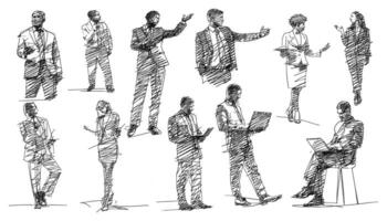 Sketched business professionals engaging in various activities and interactions. in scribble pencil style. vector