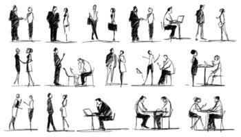 Artistic sketch portraying diverse business interactions and scenarios in the workplace. in scribble pencil style. vector