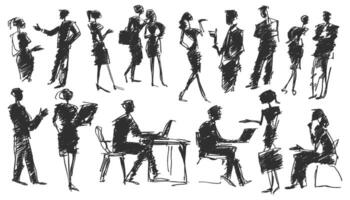 Stylized sketch of business people in various office scenarios and interactions. in scribble pencil style. vector