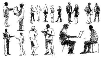Dynamic Sketches of Business Professionals in Various Poses and Interactions. in scribble pencil style. vector