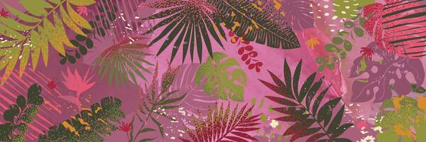 Horizontal background with tropical pattern. Illustration with watercolor textures and grainy gradient vector