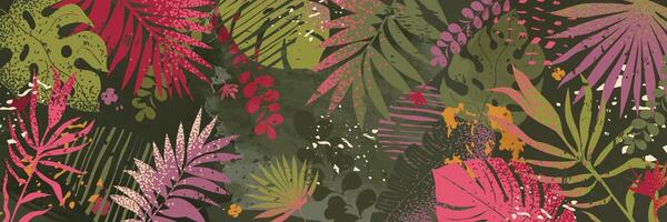 A summer background with a tropical pattern of abstract plants. Suitable for sales, advertising, wallpaper, banners, interior. Illustration with watercolor textures and a grainy gradient. vector