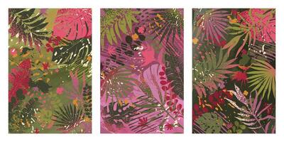 Three bright backgrounds with exotic deciduous ornaments. Illustration with watercolor textures and grainy gradient vector