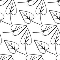 Seamless black and white hand-drawn leaf pattern featuring leaf shapes in a minimalist doodle style, perfect for coloring pages, fabric prints, eco-designs, stationery, and backgrounds vector