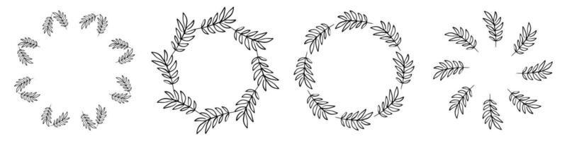 Hand-drawn circular leaf wreath frames set - botanical decorative borders made of leafy branches, ideal for invitations, wedding designs, eco branding, cards, and nature-themed graphics. vector