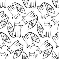 Seamless black and white cartoon fox pattern with cute sitting and sleeping foxes, playful minimal line art design perfect for kids fabrics, coloring pages, wallpapers, and surface prints vector