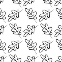 Seamless black and white hand-drawn leaf pattern featuring oak leaf shapes in a minimalist doodle style, perfect for coloring pages, fabric prints, eco designs, stationery, and backgrounds vector