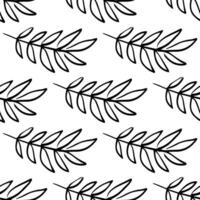 Seamless black and white hand-drawn leaf pattern featuring leaf shapes in a minimalist doodle style, perfect for coloring pages, fabric prints, eco designs, stationery, backgrounds vector
