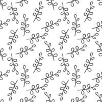 Seamless black and white hand-drawn leaf pattern featuring leaf shapes in a minimalist doodle style, perfect for coloring pages, fabric prints, eco designs, stationery, and backgrounds vector