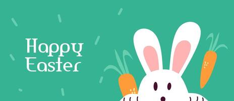 Happy Easter day banner. Trendy Easter eggs flat design with cute bunnies, typography in green background. Modern minimal style for horizontal poster, greeting card, social media, marketing, ad. vector