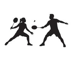 An illustration of badminton players, featuring the silhouettes of a man and a woman, set against a white backdrop. vector