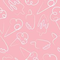 seamless pattern with a set of simple colored icons of various ice cream drawn with one contour in line art style on a pink background vector