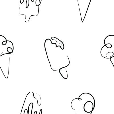 pattern with a set of simple colored icons of various ice cream drawn with one outline in line art style