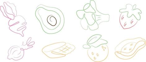 set of simple fruit and vegetable icons in line art style drawn with a colored outline, for various patterns and designs vector