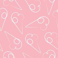 seamless pattern with a simple icon of a cone with ice cream scoops drawn with one contour in line art style on a pink background vector