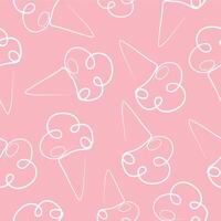 seamless pattern with simple icons of a cone with three scoops of ice cream in line art style drawn with one outline on a pink background vector