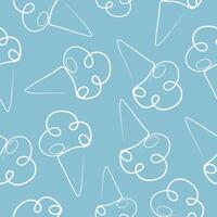 seamless pattern with simple icons of a cone with three scoops of ice cream in line art style drawn with one contour on a blue background vector