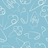 seamless pattern with a set of simple colored icons of various ice cream drawn with one contour in line art style on a blue background vector